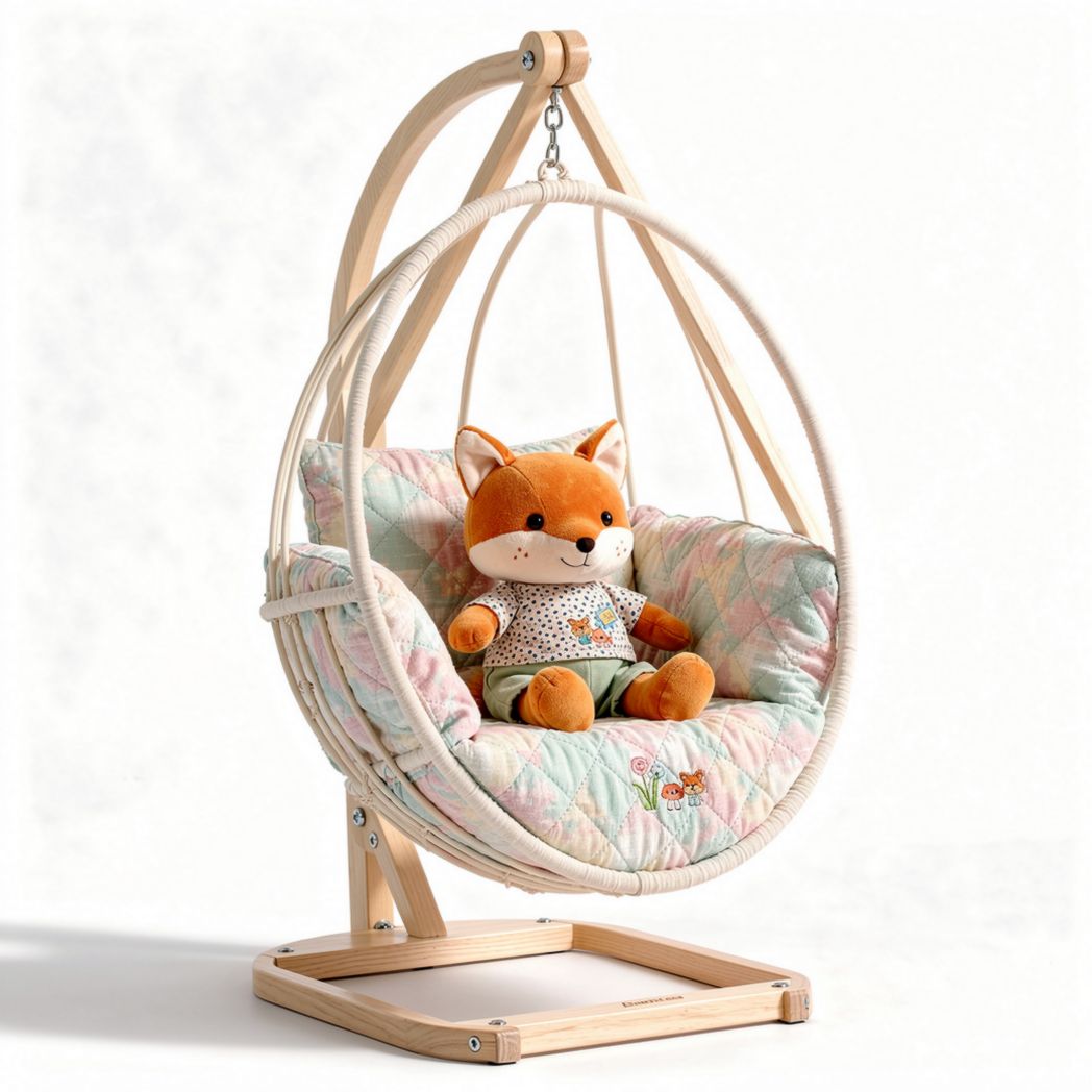 Wooden hanging chair for children with padded cushion and plush toy 80 x 70 x 120cm