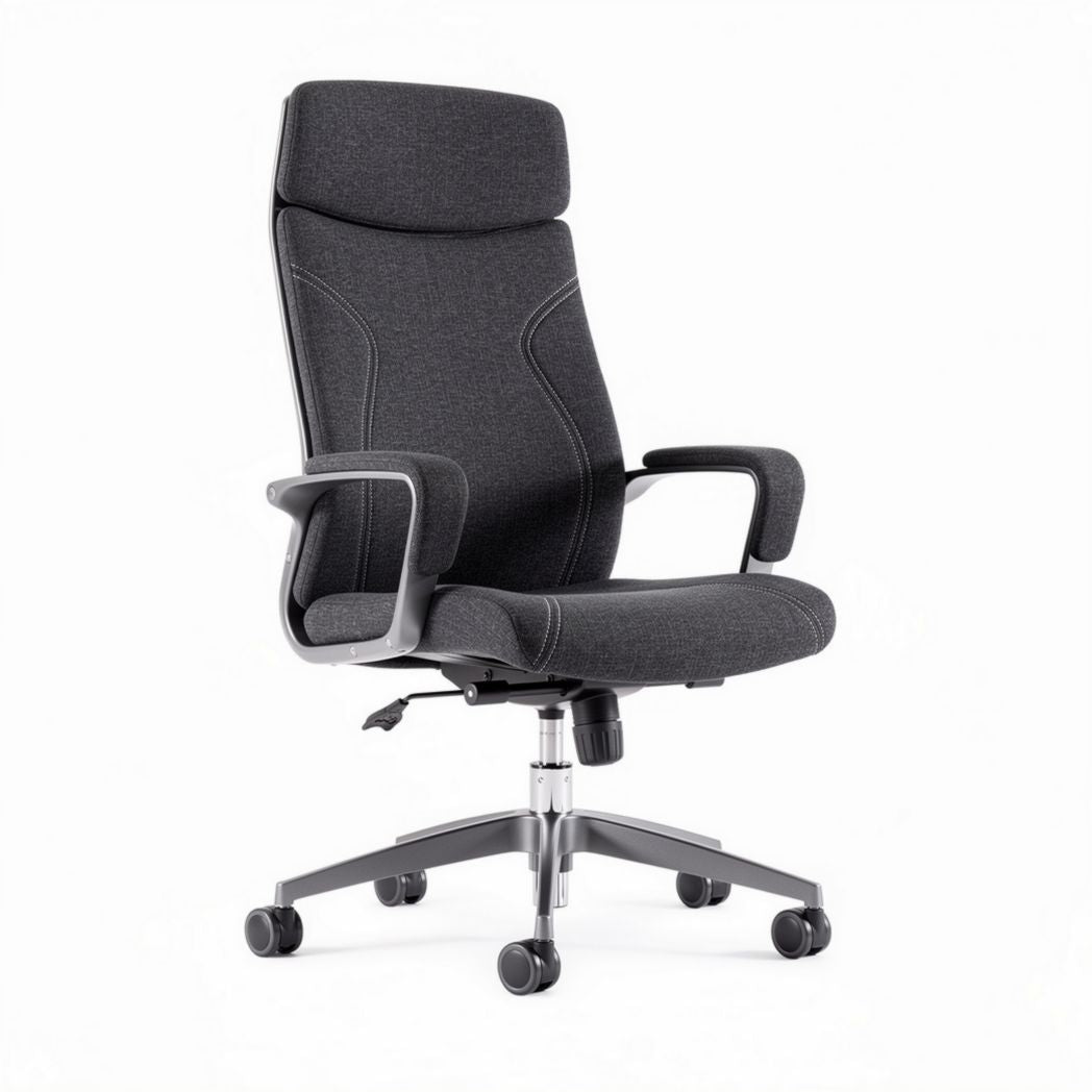 Ergonomic office chair with adjustable height and grey fabric upholstery
