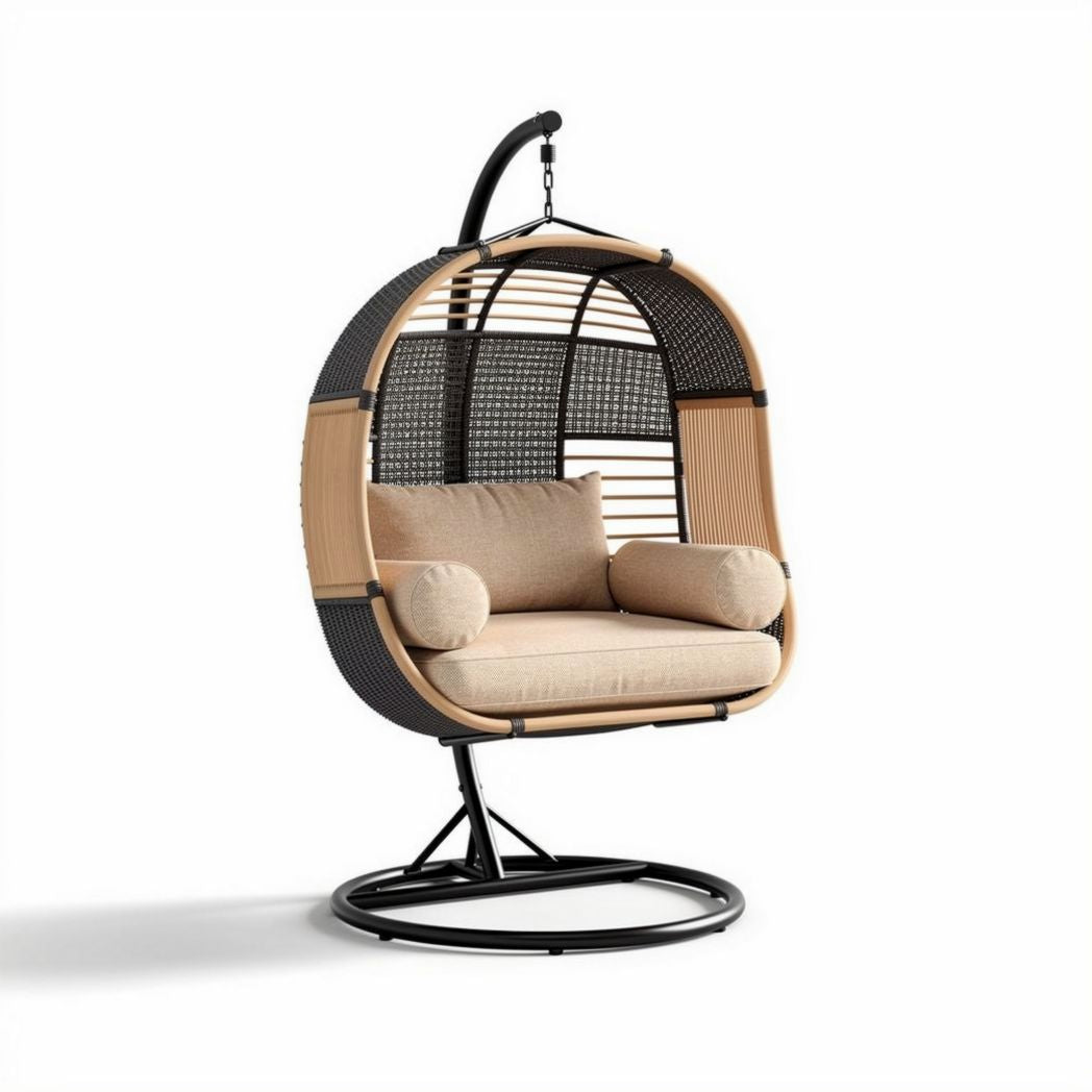 Hanging rattan chair with cushioned seat for indoor and outdoor use