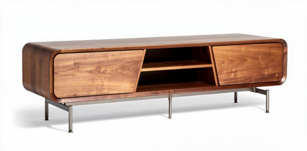 Walnut wood media console with storage doors and open shelf 150 x 40 x 50cm