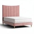 Pink velvet upholstered bed with headboard and wooden legs 200 x 160 x 120cm