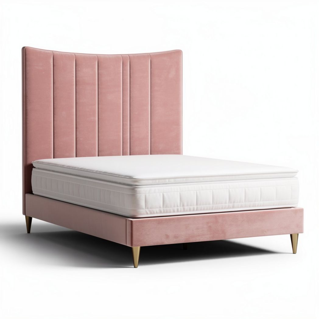 Pink velvet upholstered bed with headboard and wooden legs 200 x 160 x 120cm