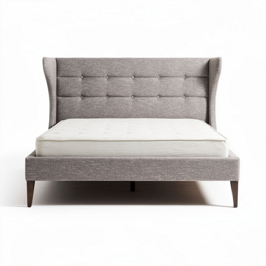 Upholstered fabric bed frame with wingback headboard and wooden legs 200 x 160 x 120cm