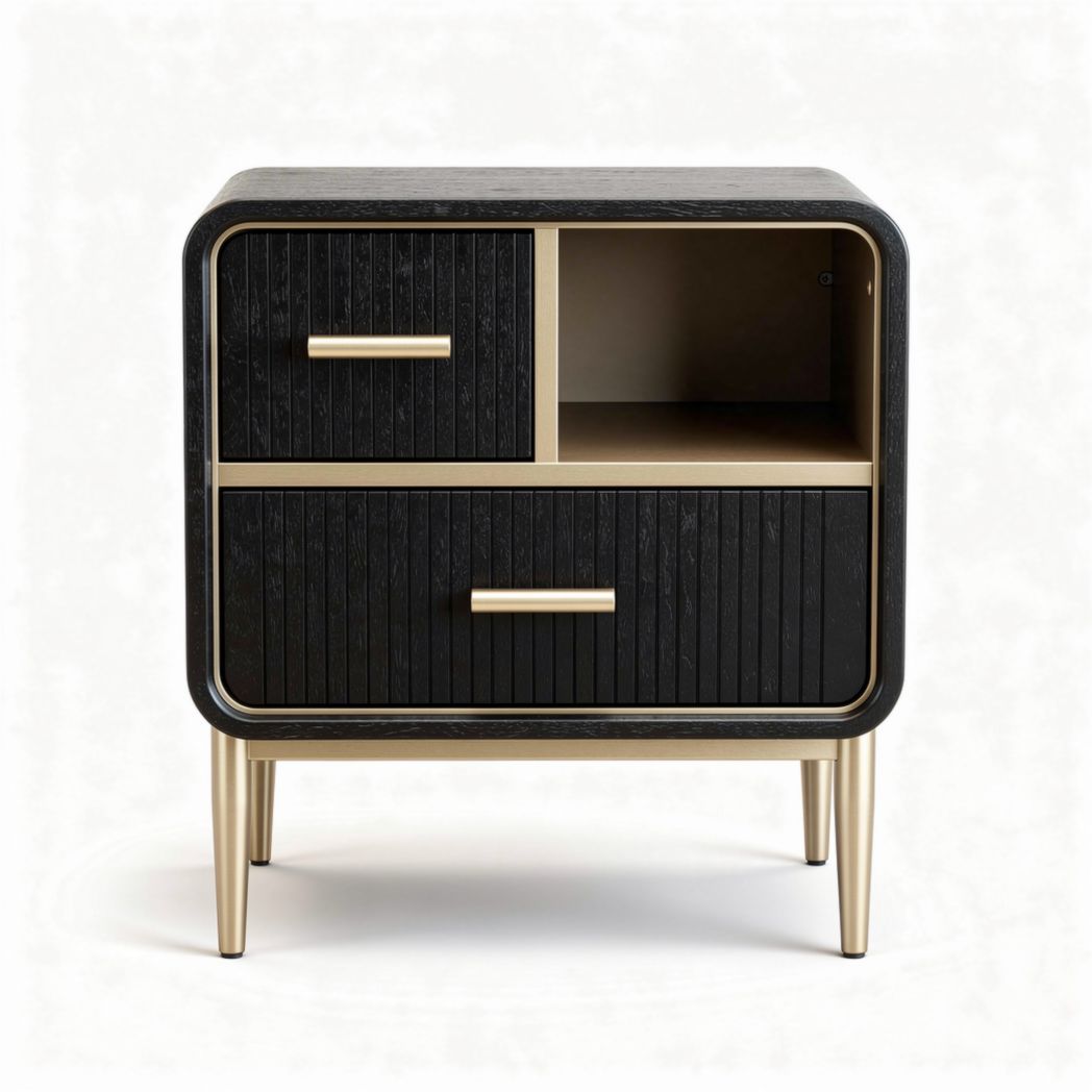 Modern nightstand with black wood veneer and gold metal legs 60 x 50 x 45cm