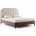 Upholstered bed frame with wooden base and curved headboard in beige 200 x 160 x 35cm
