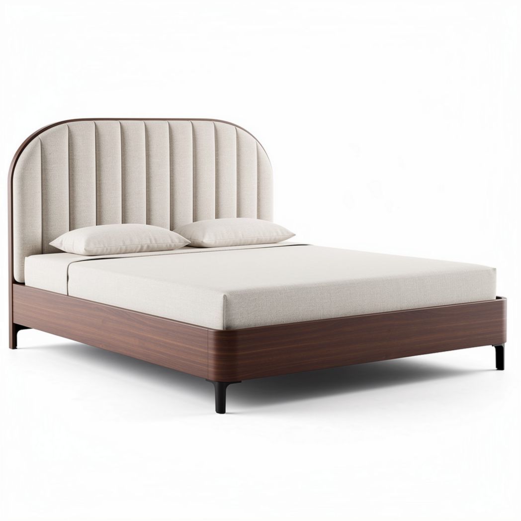 Upholstered bed frame with wooden base and curved headboard in beige 200 x 160 x 35cm