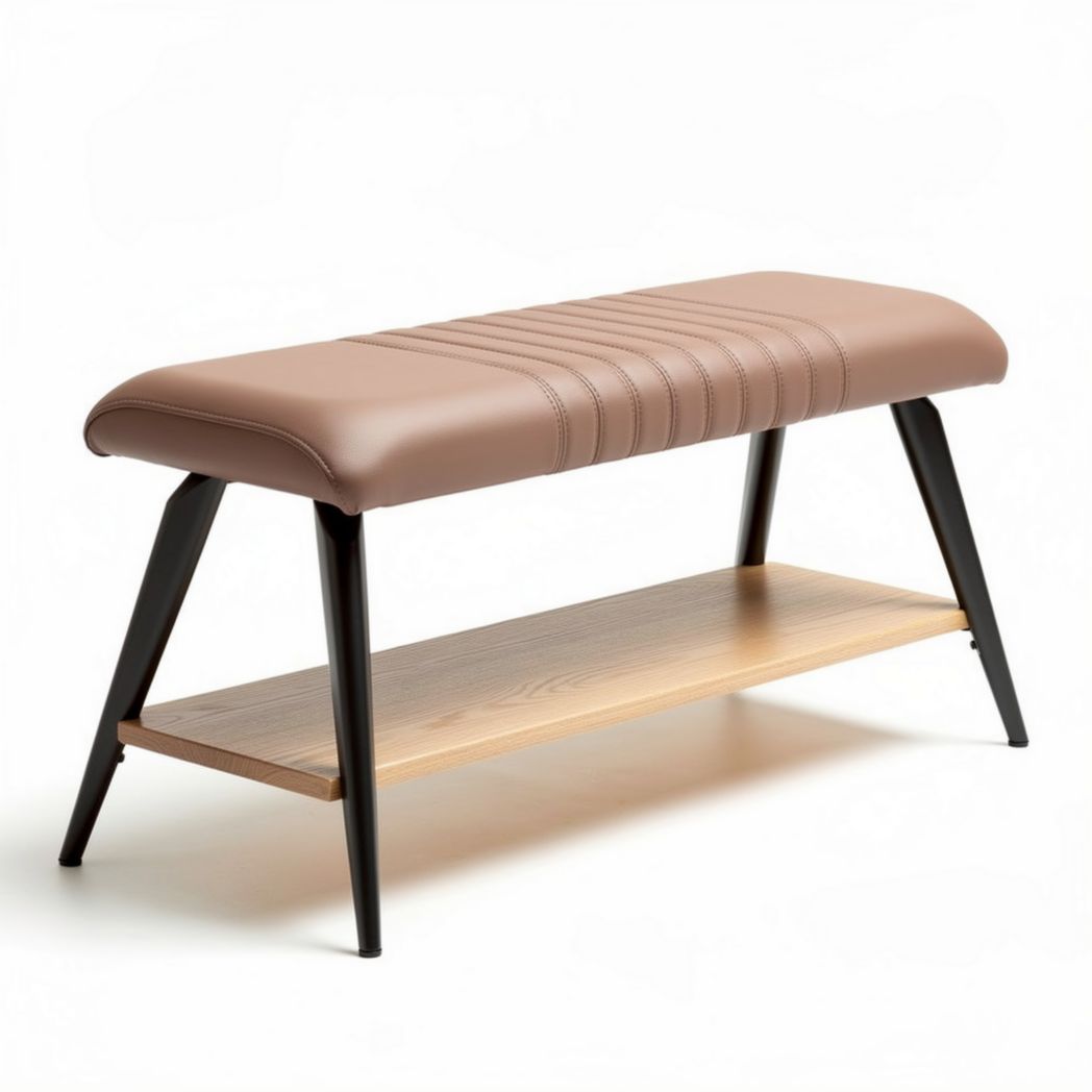 Leather upholstered bench with wooden shelf and metal legs 120 x 40 x 45cm
